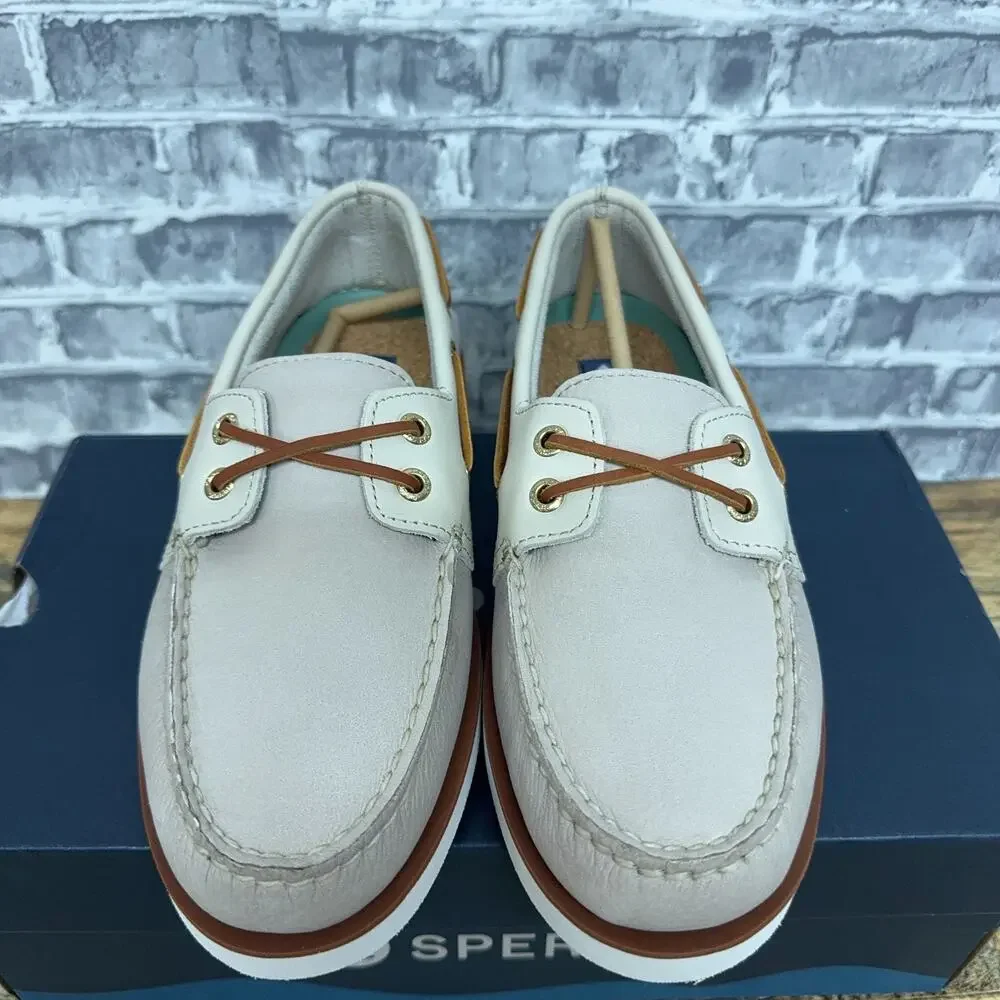 Sperry 2-Eye Cream Brown White Leather Boat Shoe Mens Size 7 New